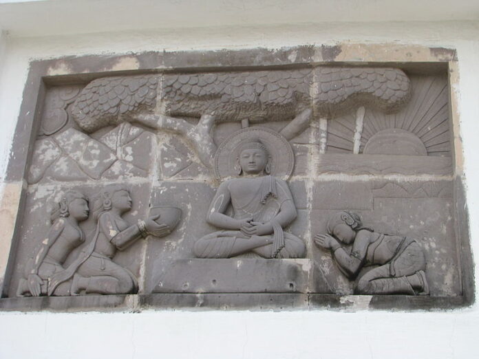 800px-Dhauli_Shanti_Stupa_carvings20 Sujata offers milk rice to Lord Buddha paving way for adoption of middle path