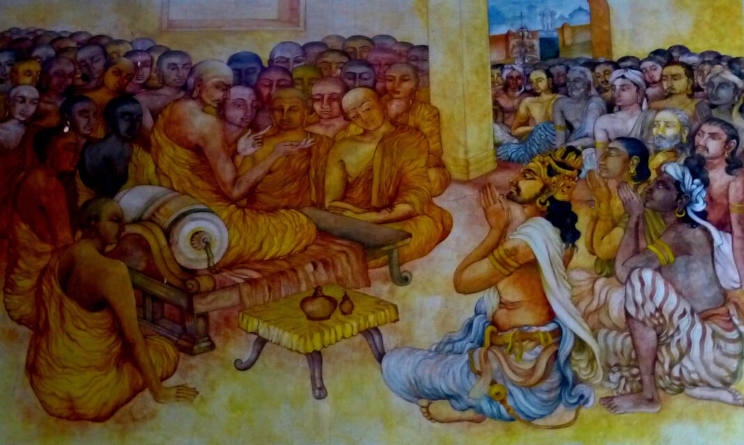 King Asoka at the Third Buddhist Council in Kukkutarama Vihara in Pataliputra